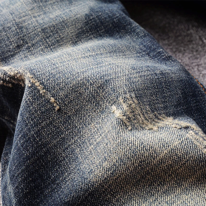Italian Style Fashion Men Jeans Retro Dark Blue Slim Fit Ripped Jeans For Men Vintage Designer Patches Cotton Denim Long Pants