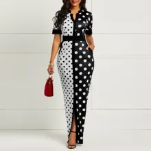 Women Maxi Dresses Casual Elegant Vintage Sexy Party Plus Size Black Bodycon Polka Dots Pocket Print Split Female Dress