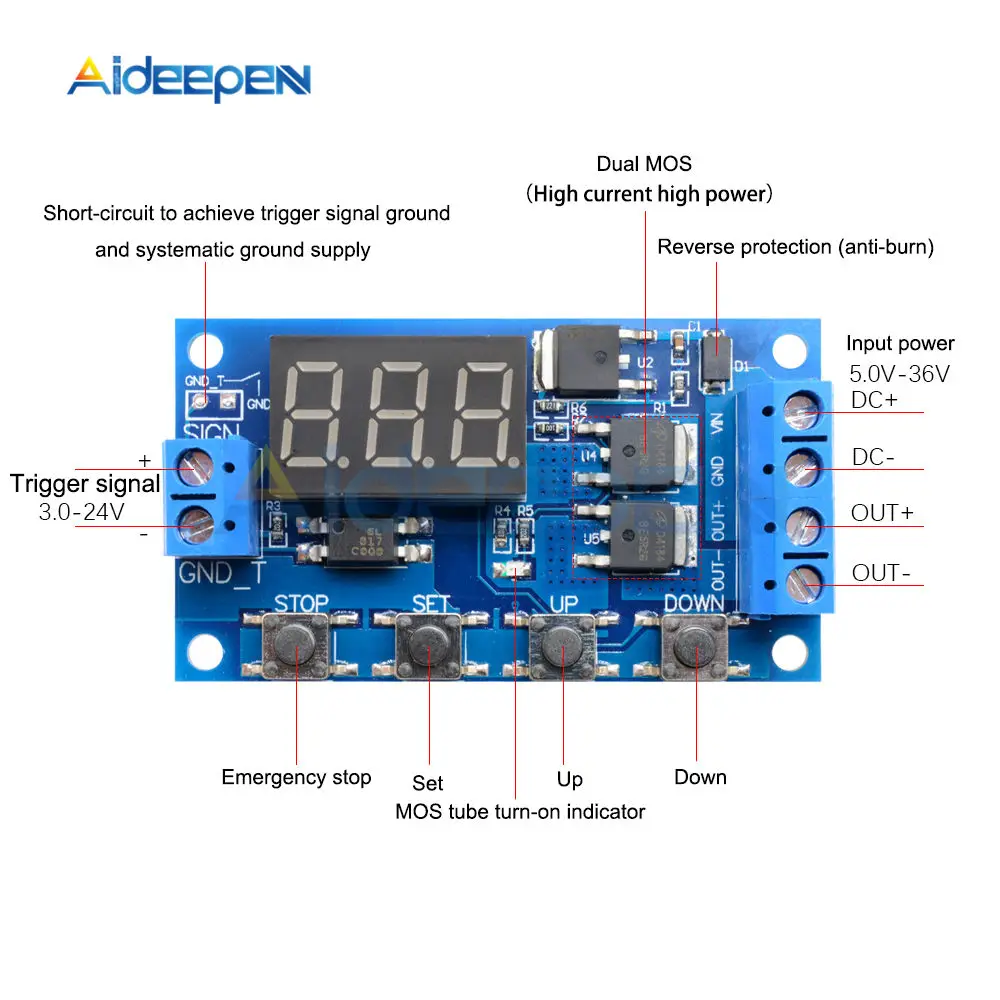 DC 5 V-30 V двойной МОП-реле задержки времени высокий уровень триггера светодиодный цифровой дисплей цикл переключатель времени цепи 12V 24V 0-999
