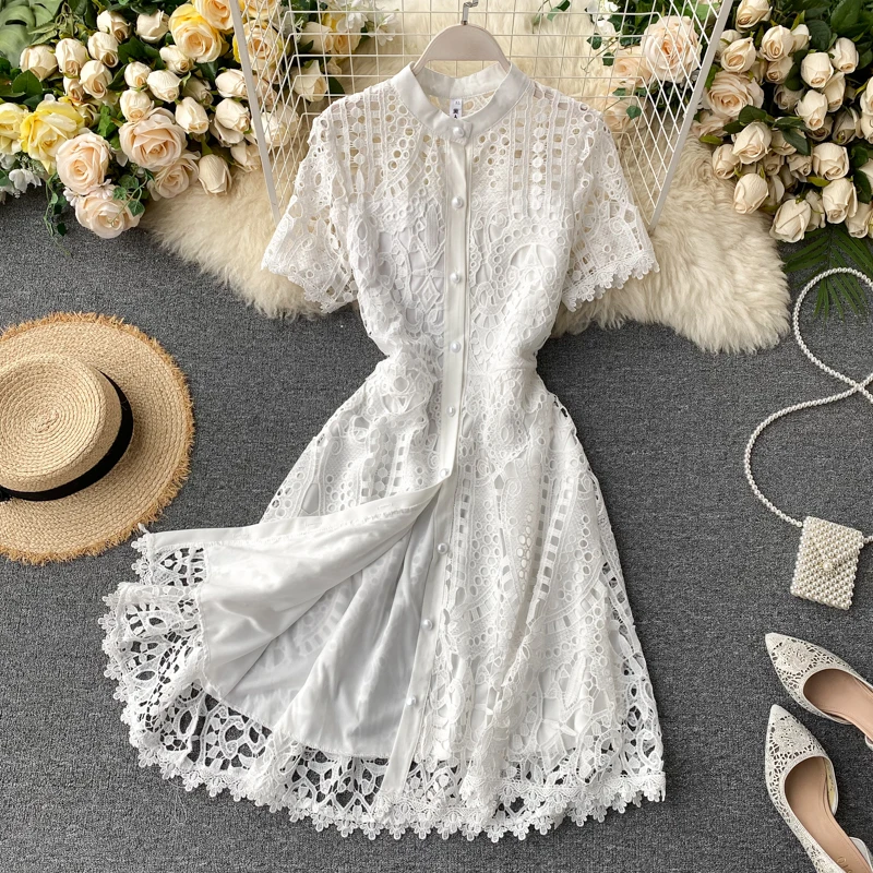 OCEANLOVE Solid Lace Evening Party Dress Solid Bandage Hollow Out Sexy Fashion Women Dress Bow High Waist Summer Dresses 16647