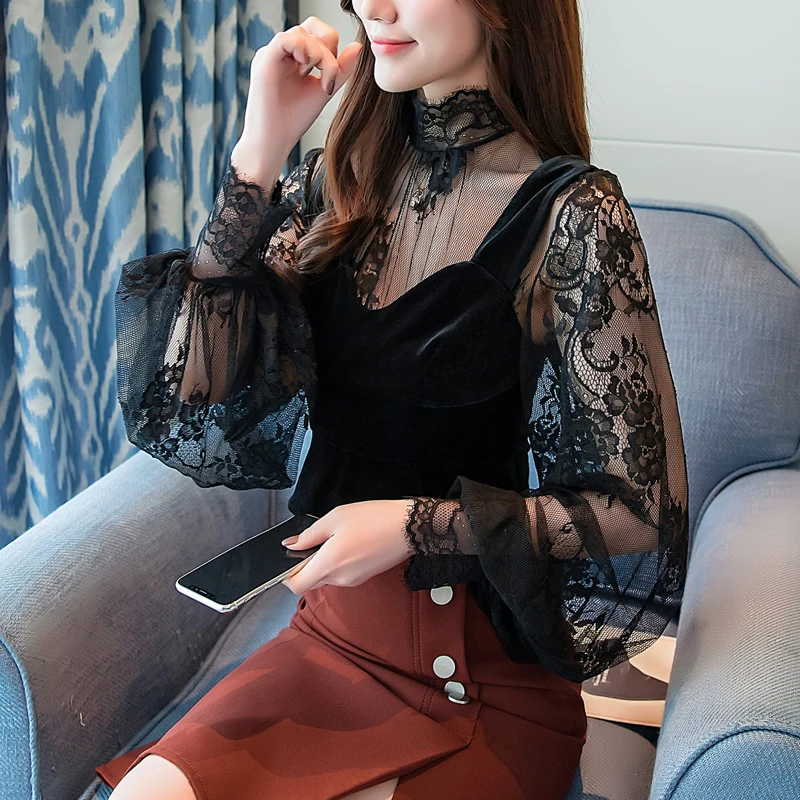 Женская блузка рубашка сексуальный черный топ Blusas mujer de moda осень зима перспективный кружевной нижний топ бархатный жилет 628J