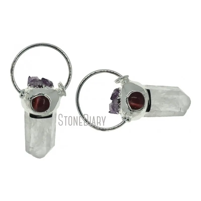 

PM38061 Hexagonal Prisms Silver Plated Soldered Point Tin Clear Crystal Amethyst Pendant Real Quartz Jewelry