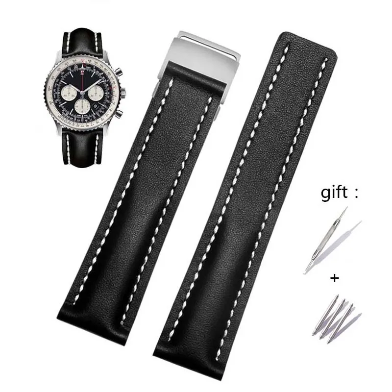 02 black 22 мм 24 мм Высококачественный ремешок из натуральной кожи ремешок для Breitling мужские часы браслет из коровьей кожи с пряжкой - Цвет ремешка: 02 black