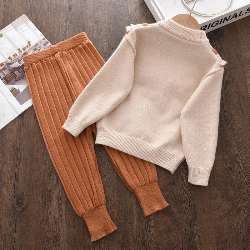 Melario Autumn Winter Fashion Girls Bow Knitted Thick Clothes Sets Kids Warm Long Sleeve Sweater Pants 2pcs Set Baby Girl Outfit