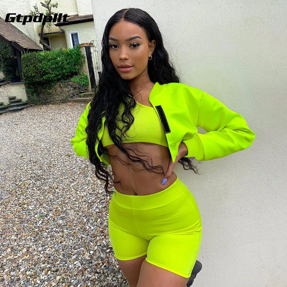

Gtpdpllt Neon Green Jacket Women Fashion Casual Long Sleeve Outerwear 2019 Autumn Coats Cropped Sporty Active Wear Short Jackets