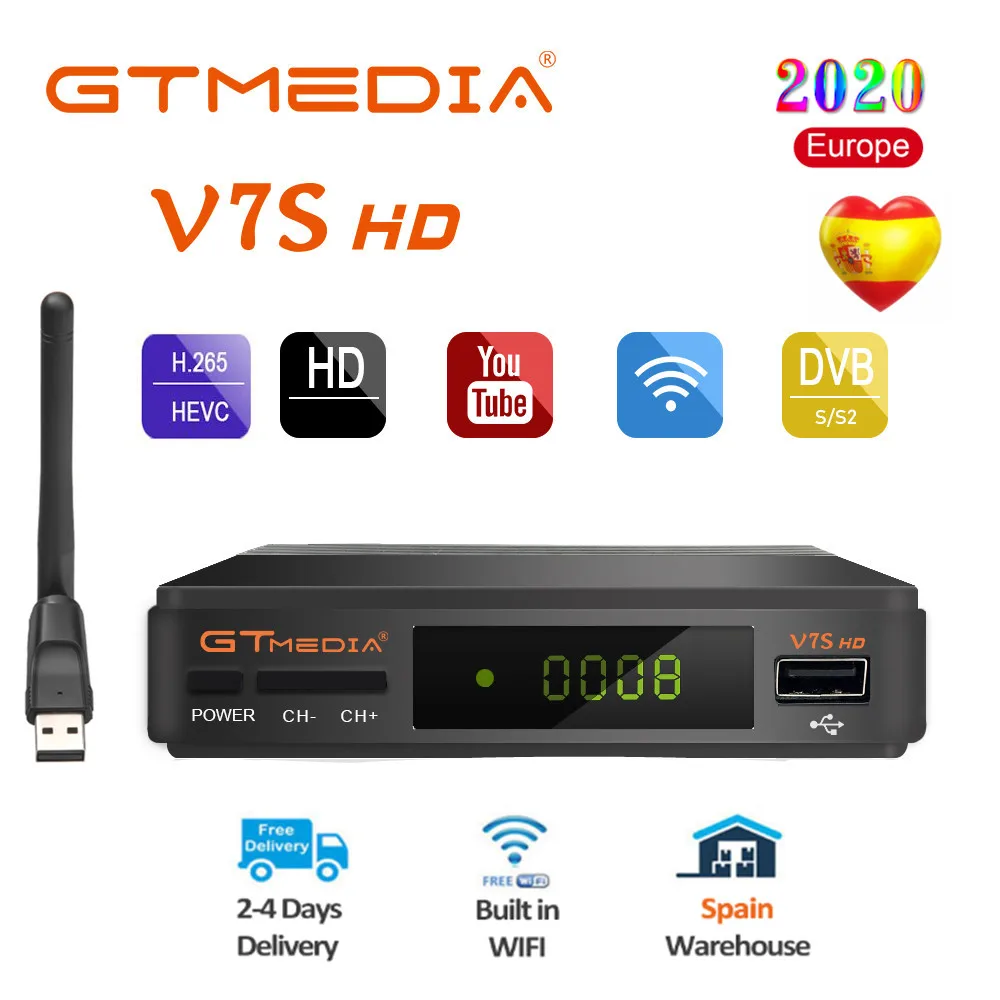 FHD DVB-S2 GTmedia V7S HD satellite tv receiver upgraded freesat v7s hd decoder work with usb wifi antenna Ship From Spain