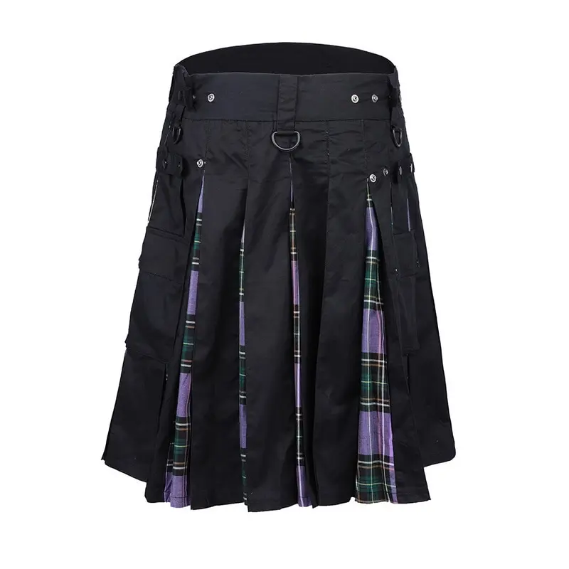 Шотландские юбки для килта, мужские традиционные клетчатые юбки с поясом, плиссированные брюки с двусторонней цепочкой, Мужская юбка, готические панковские брюки в клетку - Цвет: purple2