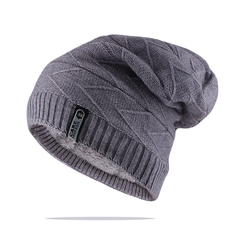Серый Мужские шапочки модные зимние теплые вязанные шапочки Skullies стиль Женская Полосатая брендовая Повседневная плотная однотонная шапка - Цвет: Серый