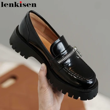 

Lenkisen preppy style zipper round toe med heels thick bottom wedges waterproof slip on streetwear fashion cozy women pumps L67