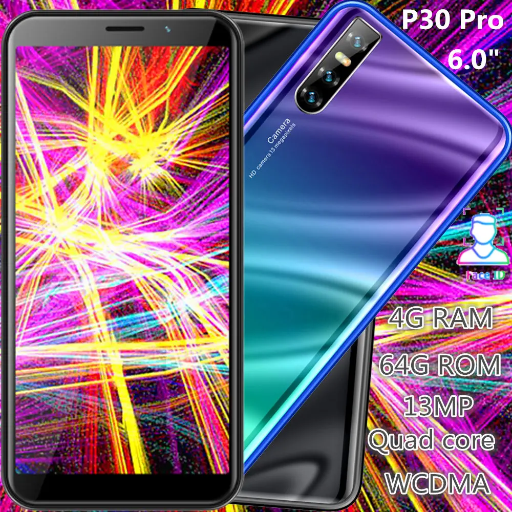 Смартфоны P30 Pro, 4 Гб ОЗУ, 64 Гб ПЗУ, четырехъядерный процессор, 13 МП, 6,0 дюйма, 18:9, дешево, мобильный телефон с функцией распознавания лица, разблокированный WCDMA, Android, мобильные телефоны