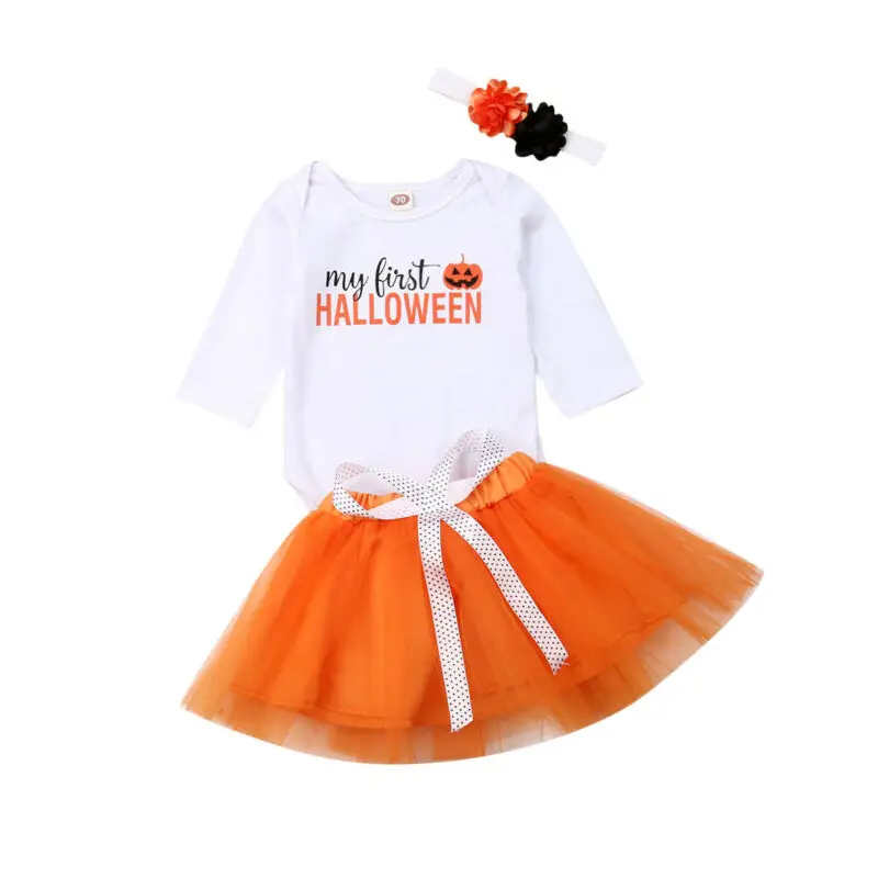 

Newborn Girl 1st Halloween Clothes Baby Orange Tutu Skirt White Long Sleeve Pure Cotton Bodysuits Tops with Headband 3 Pcs Suit