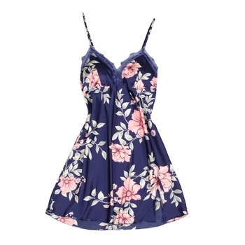 

Navy Blue Women Pajamas Sexy Strap Top V-Neck Sleep Robe Sleepwear M-XL Summer Home Clothing Nightwear Flower Gown Negligees