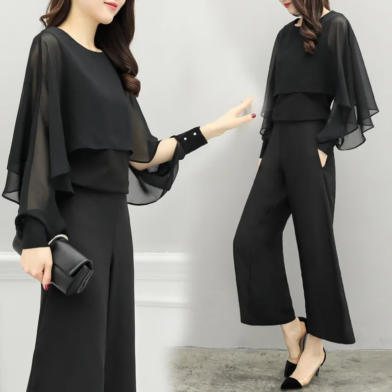2 Two Piece Blouses And Pants Sets Spring Summer Elastic High Waist Black Chiffon Wide Leg Office Lady Pantsuits Plus Size |