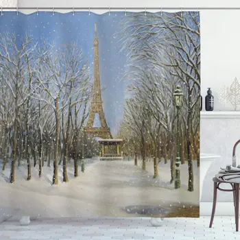 

Country Shower Curtain Winter Scene of Historical Eiffel Tower in Paris Snowy City Europe Urban View Bathroom Decor Set