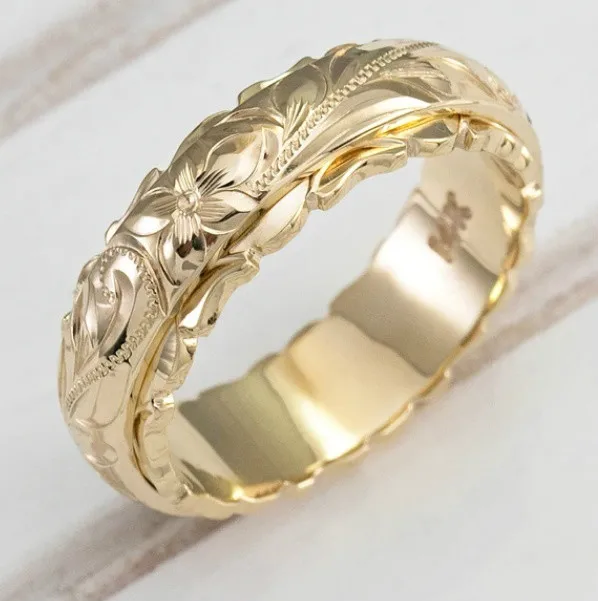 

Exquisite Womens Gold Plated Ring Hang Engraved Flower Ring Anniversary Gifts Bride Wedding Engagement Rings Jewelry Accessories