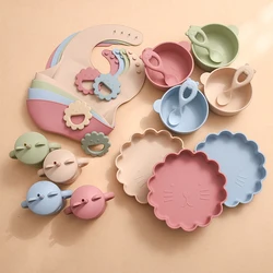 talheres de bebê kit alimentação bebê pratinho de comida para bebe Conjunto de alimentação do silicone dos pratos do bebê da placa do copo da sução dos utensílios de mesa das crianças para crianças