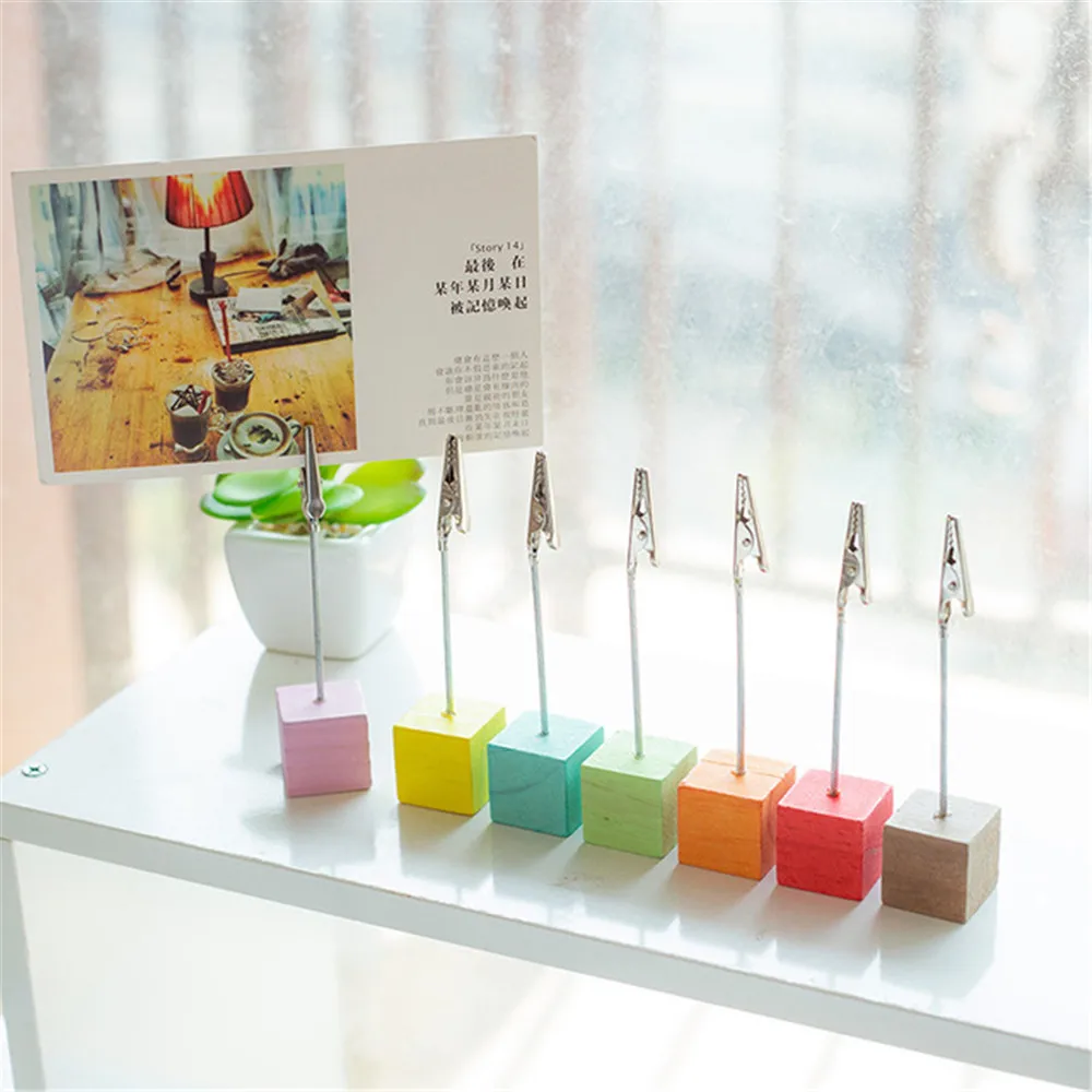2pcs Colorful Wooden Cube Memo Clip Holder Iron Photo Clamps Stand Desktop Office Organizer Business Card Holder Card for Desk 1
