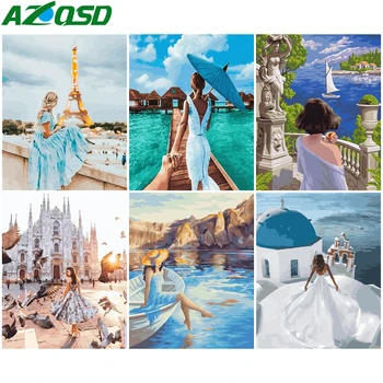 

AZQSD Adult Coloring By Numbers Girl Drawing On Canvas Home Bedroom Wall Artwork DIY Painting By Numbers City Home Decoration