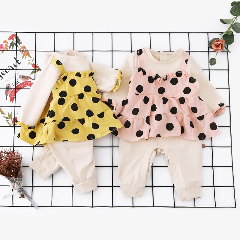 

Clothes for Babies Spring And Autumn Onesie Korean-style Polka Dot Mock Two-Piece Little Fairy Climbing Clothes Girls Outer Wear