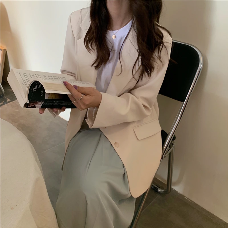 HziriP Stylish Women All Match White Brief Autumn Office Ladies Vintage Solid Fresh Elegant Parties Feminine Loose Blazers