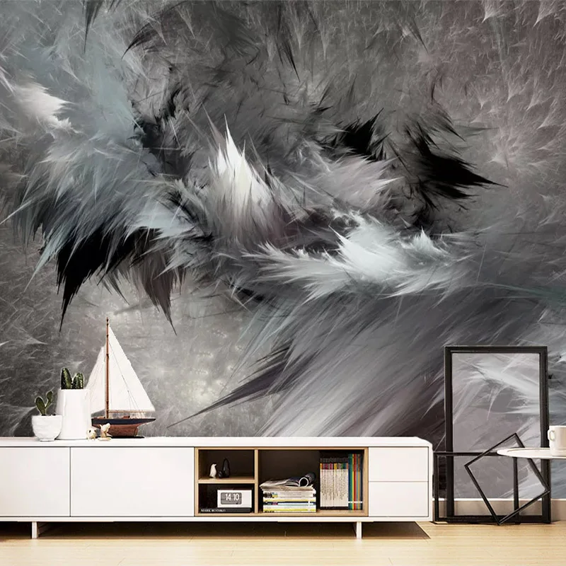 Custom-Mural-Wallpaper-3D-Abstract-Art-Black-And-White-Feathers-Wall-Painting-Living-Room-Bedroom-Fashion