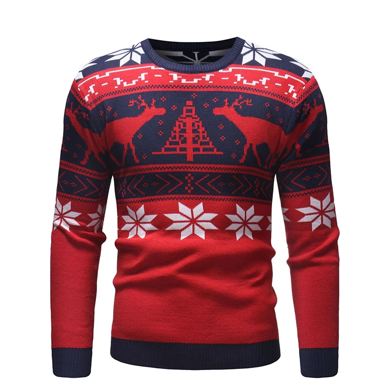 Брендовый Мужской Повседневный свитер с круглым вырезом и принтом оленя, осенне-зимний Рождественский пуловер, вязаный джемпер, свитер, облегающая мужская одежда - Цвет: CC045 Red
