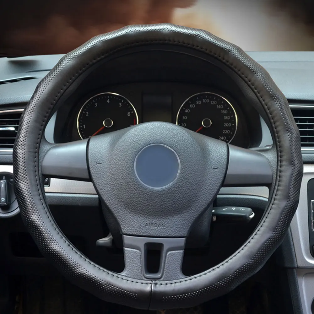 DSYCAR 1 шт. чехол рулевого колеса автомобиля из натуральной кожи дышащие противоскользящие рулевые чехлы подходят 38 см Авто украшения - Название цвета: Черный
