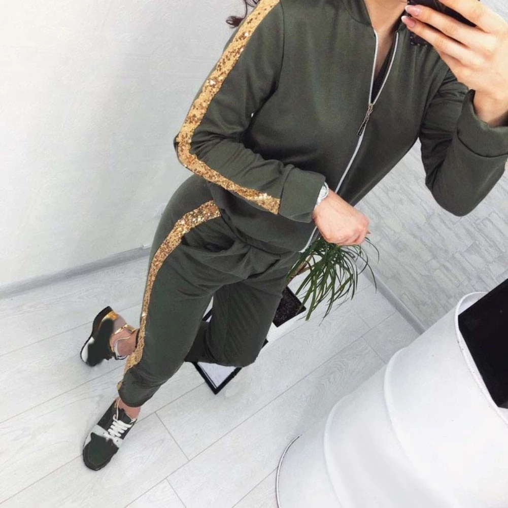 2Pcs Women Jogging Suit Sequins Patchwork Tracksuits Sweatshirt Coat Pants Set Nylon Polyester Spandex Sequins Zip Up Tracksuit