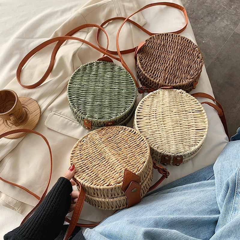 Женская круглая соломенная сумка DikizFly маленькая из ротанга пляжная через плечо