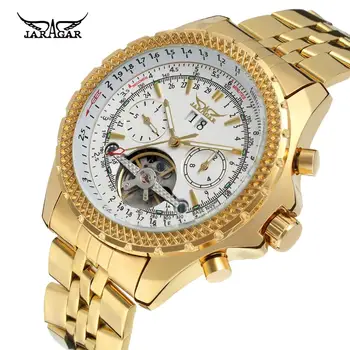 

JARAGAR Golden Stainless Steel Tourbillion Design Calendar Display Mens Watches Top Brand Luxury Automatic Mechanical Wristwatch