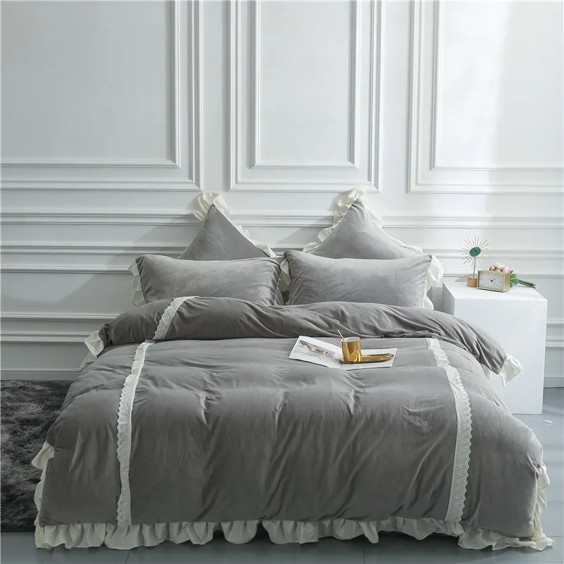 Pink Grey Fleece Winter Duvet Cover Set 4Pieces Luxury Soft Warm Bedding Set with Buttons Closure Flat Bed sheet Pillowcase