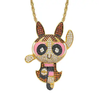 

MATHALLA Powerpuff Girls Hiphop Jewelry Gold Micro Paved CZ Zircon Cartoon Character Blossom Pendant Necklace Iced Out Pendant