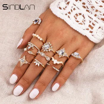 

Sindlan 12PCs Exaggerated Rhinestone Rings Set European Geometric Crown Crystal Statement Rings for Women Party Finger Jewelry