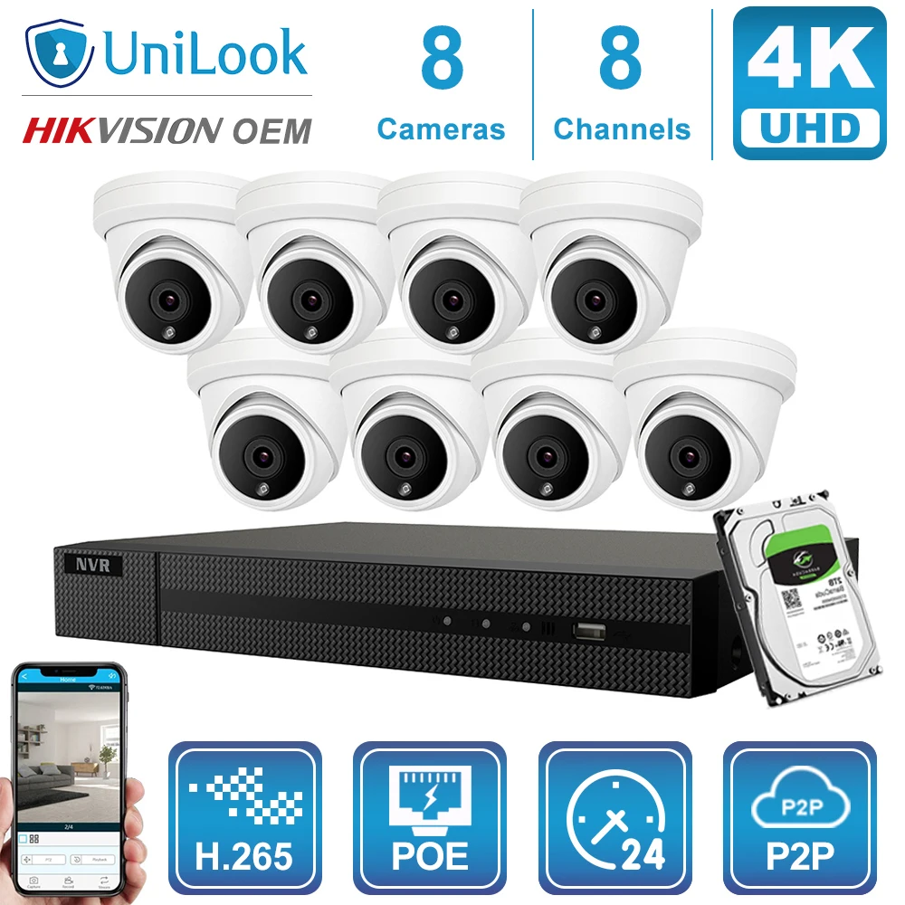 Hikvision OEM 8CH 4 к NVR 8MP купольная камера POE IP Камера 4/6/8 шт. наружного наблюдения ONVIF, H.265 CCTV видео NVR Наборы с 1/2/4 ТБ HDD - Цвет: 8 White Cams Kit