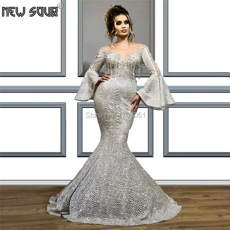 

Sliver Long Saudi Arabia Evening Dresses Women Glitter V Neck Prom Dress Turkish 2020 African Dubai Party Gown Robe De Soiree