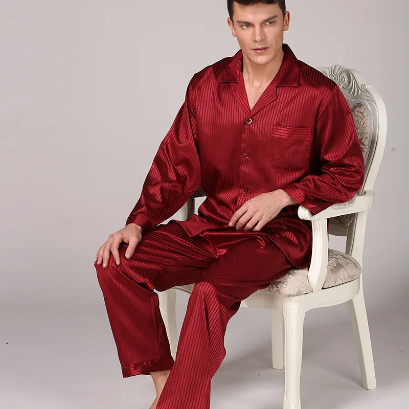 Mens Pajama Set Imitation Silk Pajamas for Men Striped Sleepwear Long Sleeve Pants Silk Suit Large Size Home Clothes