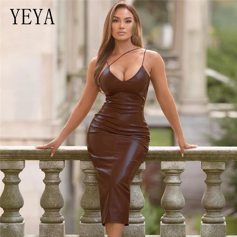 

YEYA Women Sexy V Neck Spaghetti Strap PU Leather Dress Sleeveless Back Split Bodycon Faux Leather PU Party Dress Dance Clubwear