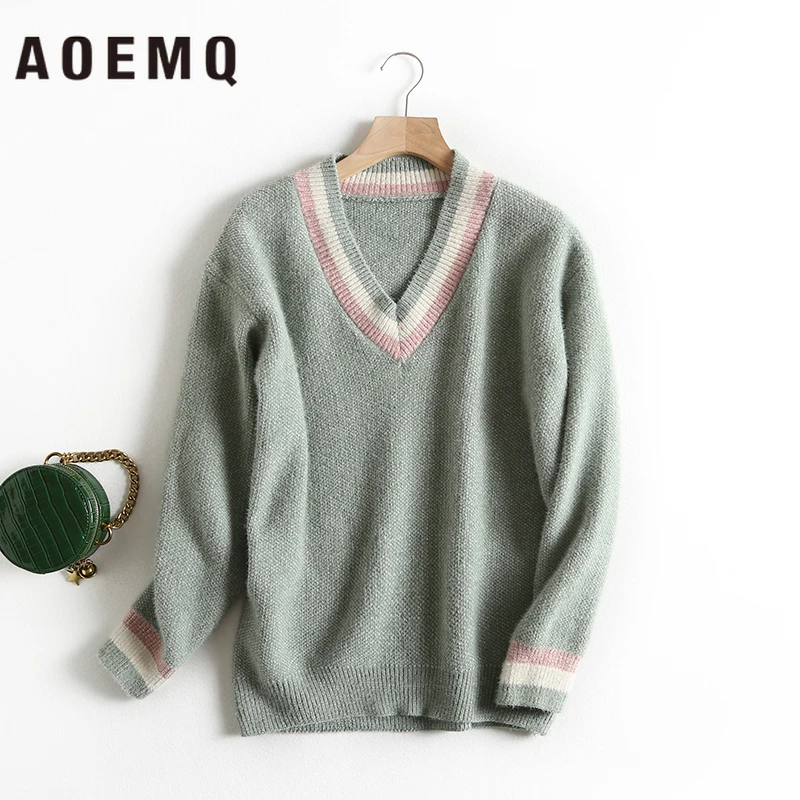 Najtaniej AOEMQ swetry w stylu casual grube 4 kolory cukierki stałe dekolt ciepłe miękkie pulowery zimowy sweter luźne kobiety topy sweter odzież
