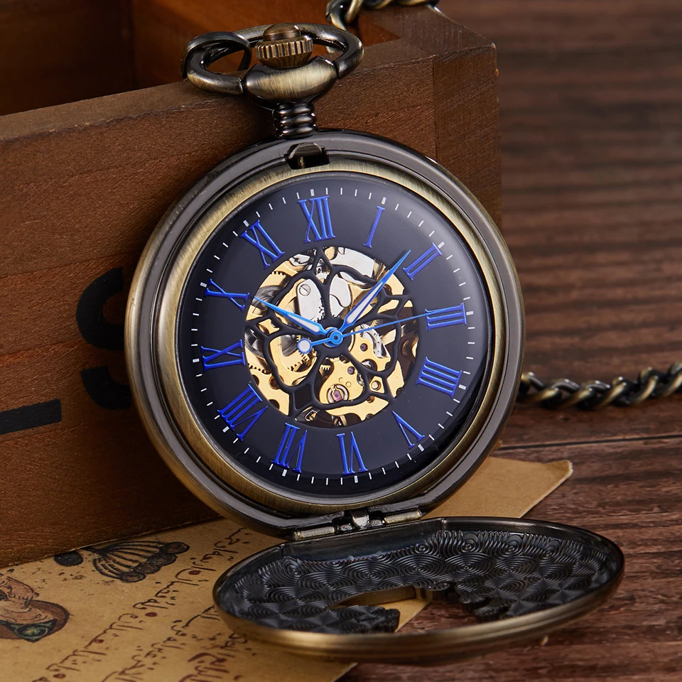 Ретро бронза Механические карманные часы с ручным заводом резные двойной Храбрые войска Lucky выгравированы карманные кармашек для часов цепи часы с откидной крышкой