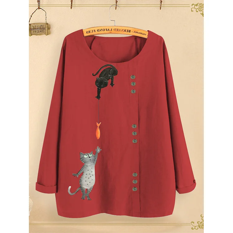 

Women's New Autumn and Winter Pullover Bottoming Shirt Cartoon Top Cotton and Linen Long Sleeve Black T-shirt