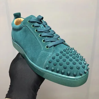 

Faux Suedde Low Top Lace Up Rivet Decor Red Bottom Shoes Genuine Leather Casual Couples Tide Shoes Bonded Leather Rubber Shoe