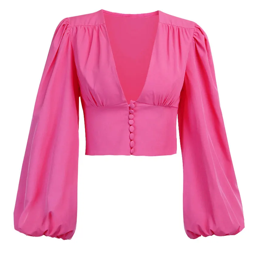 Pink OOTN, Повседневная Туника, топ, сексуальный, v-образный вырез, женская блузка с рукавом-фонариком, элегантная,, однобортная рубашка, жабо, розовый, короткий топ, для отдыха - Цвет: Pink
