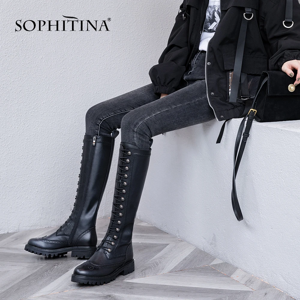 SOPHITINA Knee-High Boots Genuine Leather Solid Round Toe Round Toe Dark Style Long Laces Overbearing Shoes Zipper Boots MO304