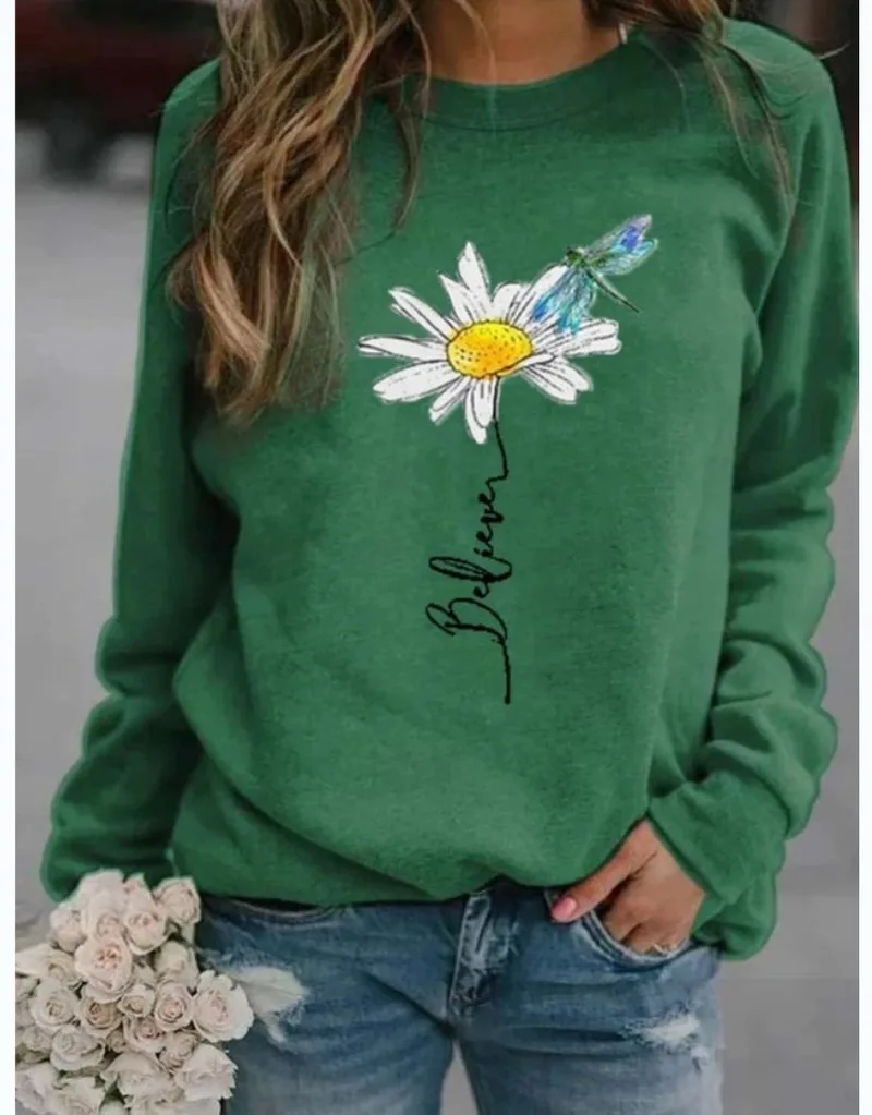 

2020Autumn Winter New Loose Leisure Round-neck Long-sleeved Printed Broadcloth Polyester Cotton Regular Pullovers CropTop Women