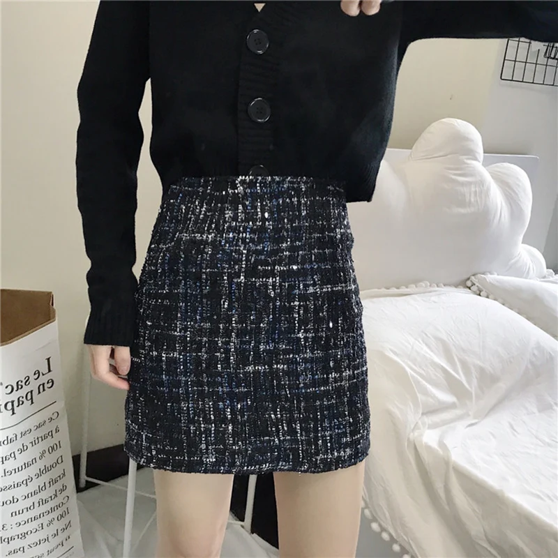 Абрикосовые зимние твидовые юбки, женские винтажные осенние мини юбки-карандаш, шерстяная Корейская облегающая клетчатая юбка с высокой талией, Женская облегающая юбка V924 - Цвет: Черный