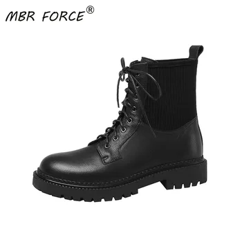 

MBR FORCE 2020 new leather time front strap ladies ankle motorcycle boots European and American style microfiber black plush