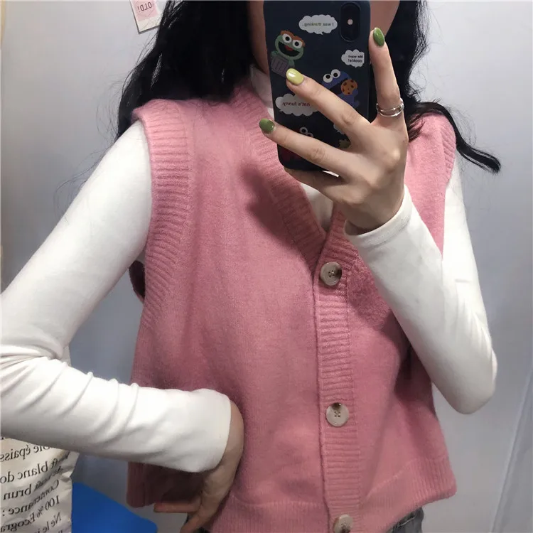 Autumn Women Solid Color Sweater Cardigan Vest Loose Wearing A Small Korean New Knitted Cardigan Single-breasted Women Vest
