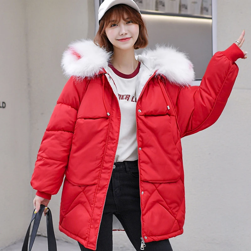 FMFSSOM Winter Jacket Women Fur Parka Snow Wear Solid Loose Cotton Coat Hooded Fashion 2018 New Ladies Down | Женская одежда