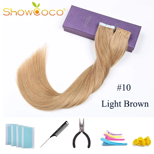 ShowCoco лента в Пряди человеческих волос для наращивания натурального волос 20/40 шт, смешанные цвета, Цвет горячие головы для наращивания блеск коричневого до блондинка ленточных накопителей - Цвет: Color10 -40 Pcs