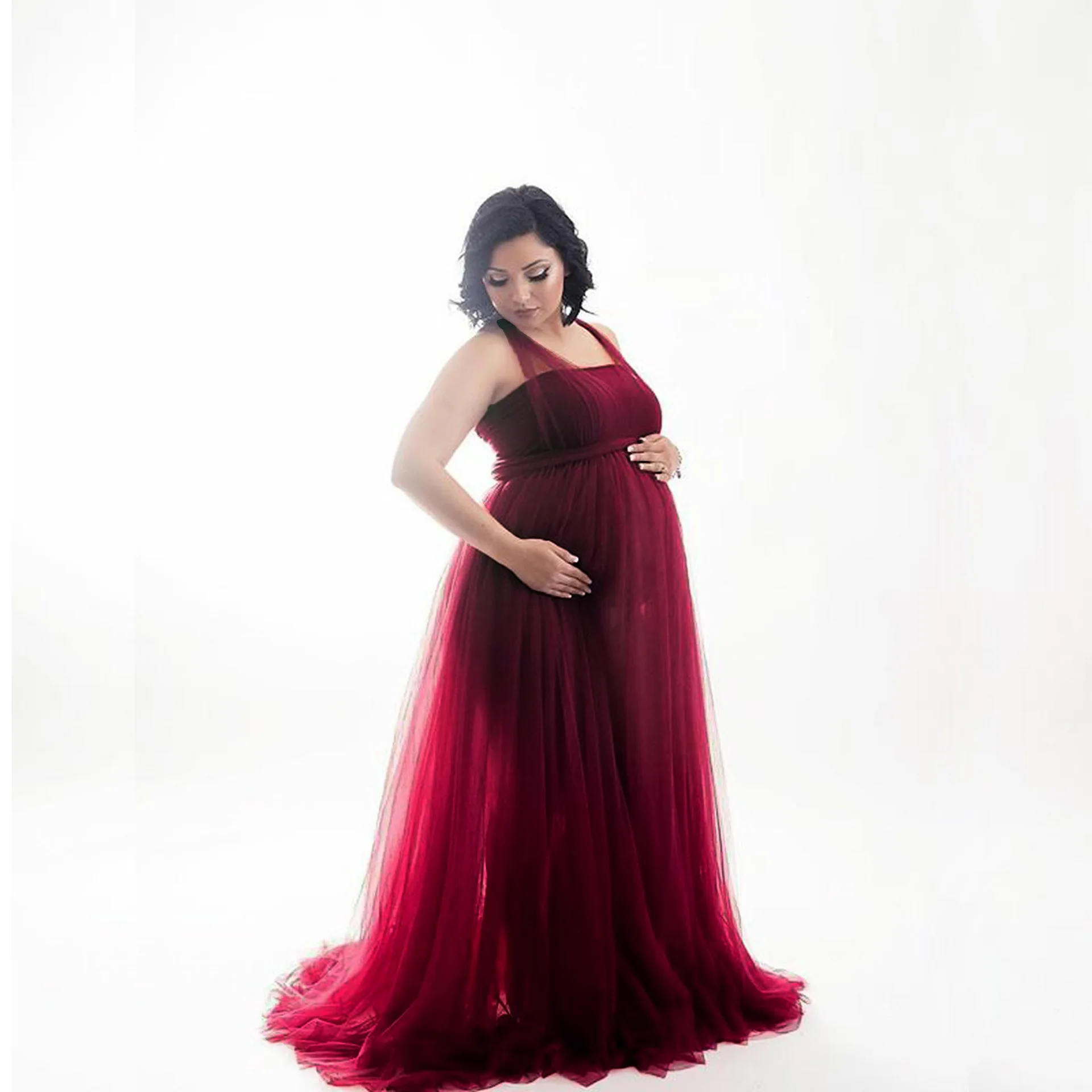 

New Pink Long Chiffon Maternity Photography Dress Sweet lovely Maternity Lace Dresses For Photo Shoot Lace Red Pregnancy Dress